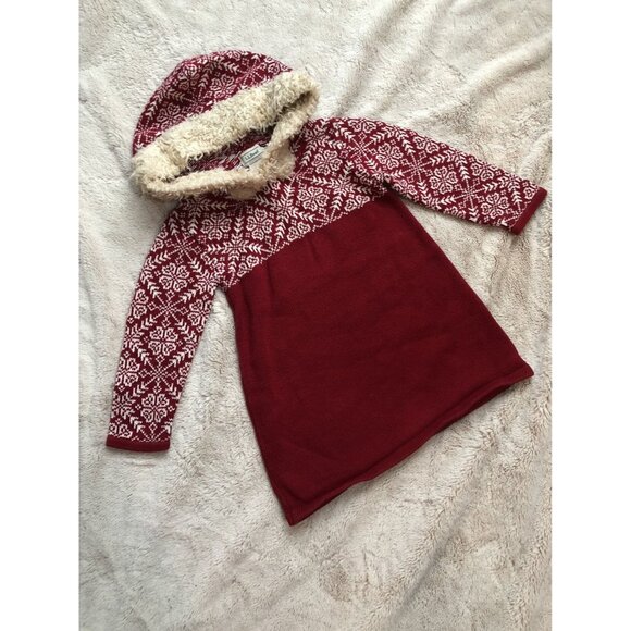 L.L. Bean Girls Snowflake Hooded Sweater Dress Size 4T Red & White Knit - Picture 1 of 2